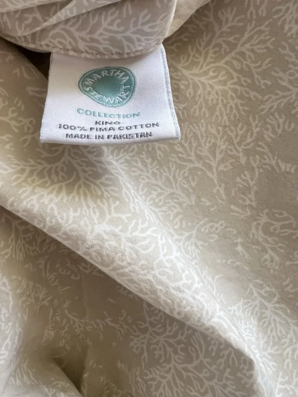 Martha Stewart KING Duvet Cover 100% PIMA Cotton Tan White Botanical Bedding